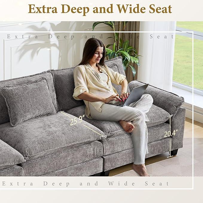 URRED Modular Sectional Sofa Comfy Cloud Couch, Modern Chenille Sofa Sleeper Deep Seat Couches with Ottoman/Pillows for Living Room (Gray, 117'')