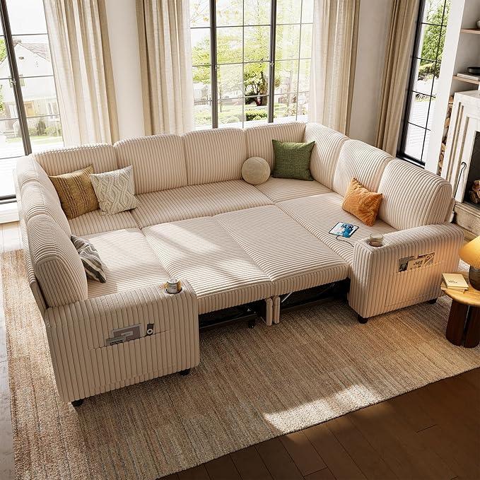 LINSY HOME Sectional Sleeper Sofa with Pull Out Couch Bed - Convertible Plush Corduroy Cloud Couch with Storage Chaise & USB Charging, Comfy Modular Couches for Living Room, Beige