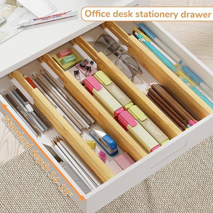 BAMEOS Drawer Divider,Expandable Bamboo Separators Adjustable Utensil Knife Fork Tool Kitchen Organizer, Clothes Fabric Drawer Organizer In Bathroom Bedroom Office, Cabinet Dresser Organizer 4-pack