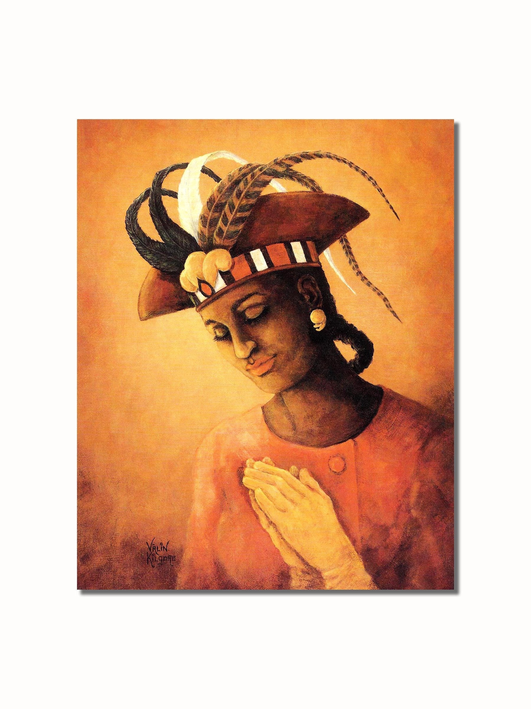 African American Art Print – Black Woman Feather Hat Praying 8x10 Wall Art