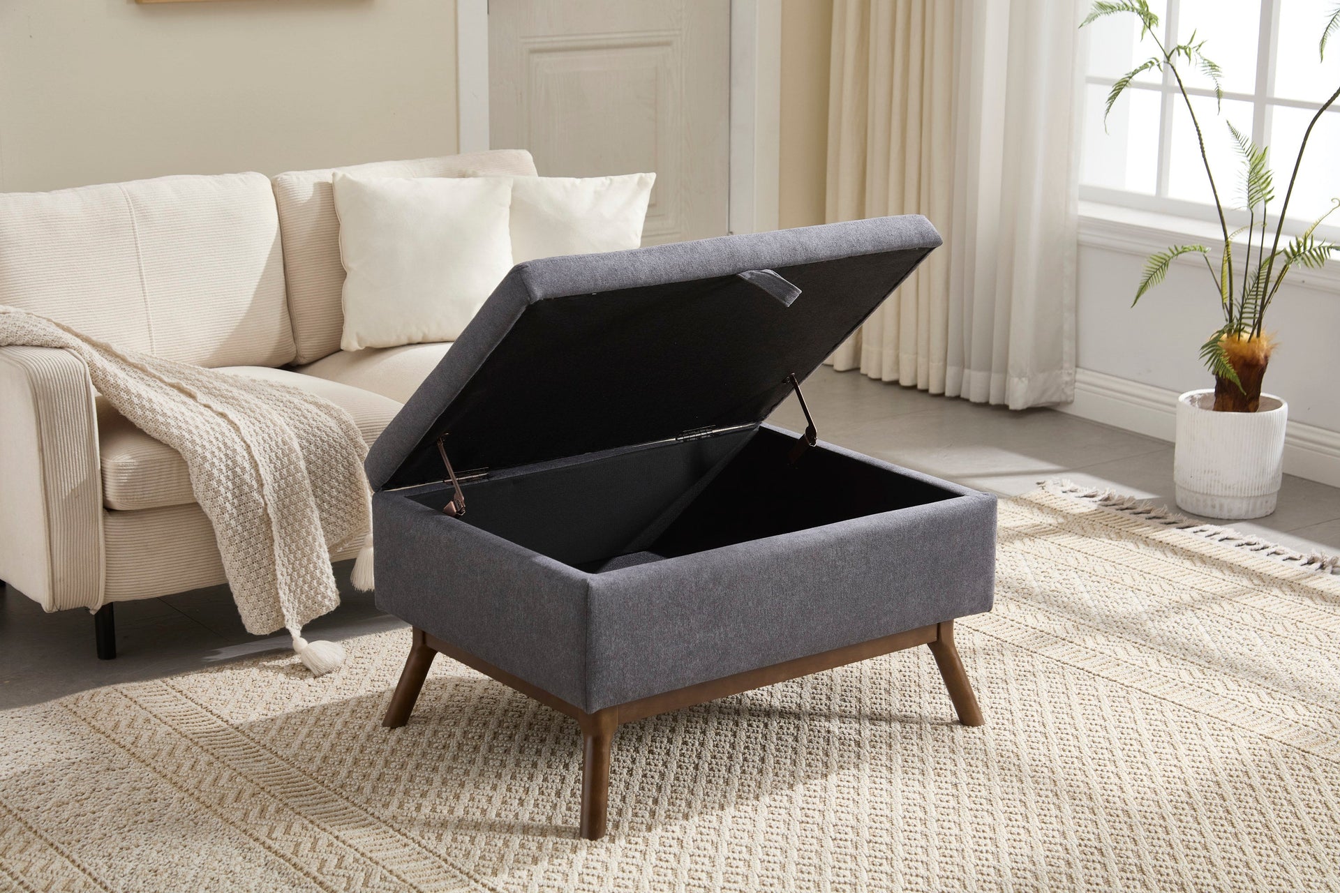 Mid-century modern square coffee table storage bench, assembled, suitable for living room, entryway and family room, used as a coffee table, stirrups, shoe bench