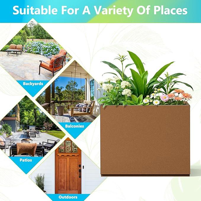 FENCY Metal Planter Box, Large Rectangular Planters for Outdoor Plants, Outdoor Tall Planters with Drainage Holes, Brown Metal Planters (30
