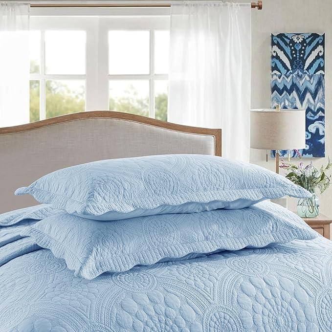 MarCielo 3-Piece 100% Cotton Oversized Bedspread Lightweight Quilt Coverlet Embroidery Farmhouse Bedding Set (Tf Light Blue, Oversized Queen (100