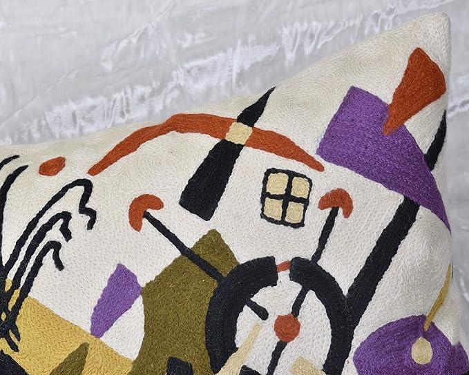 Kandinsky Abstract Pillow Cover - White Modern Throw Pillowcase Cream Chair Cushion Contemporary Farmhouse Pillows Modern Couch Handmade Wool Size 18x18