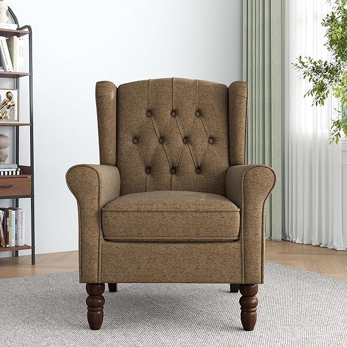 Lumibee High Back Accent Chair,Upholstered Wingback Armchair with Solid Wood Legs for Small Spaces,Comfy Single Sofa Chair for Living Room,Bedroom,Office-Gray