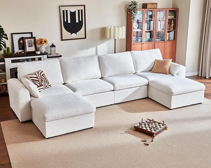 Oversized Modular Sofa Comfy Cloud Couch with Storage, Extra Deep Plush Sectional Sofa Set for Living Room, Covers Washable, Chenille, Olar (White, 6-Seater with 2 Ottomans, u-Shaped)
