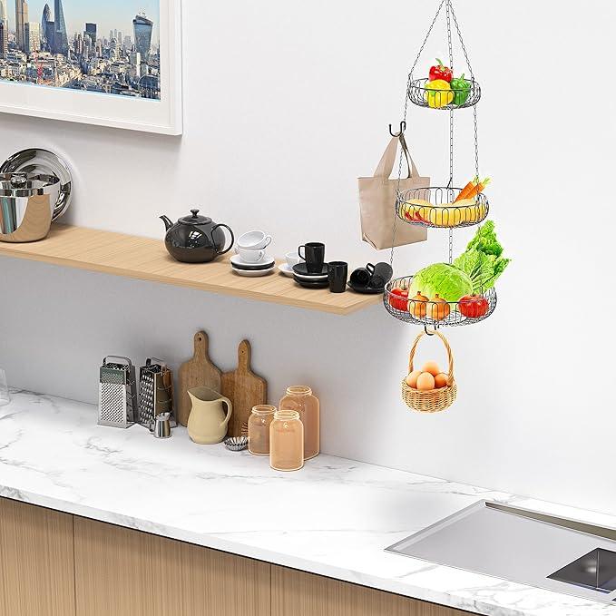 Simple Houseware Adjustable Metal Hanging Fruit Basket, Oblate, Black, 11