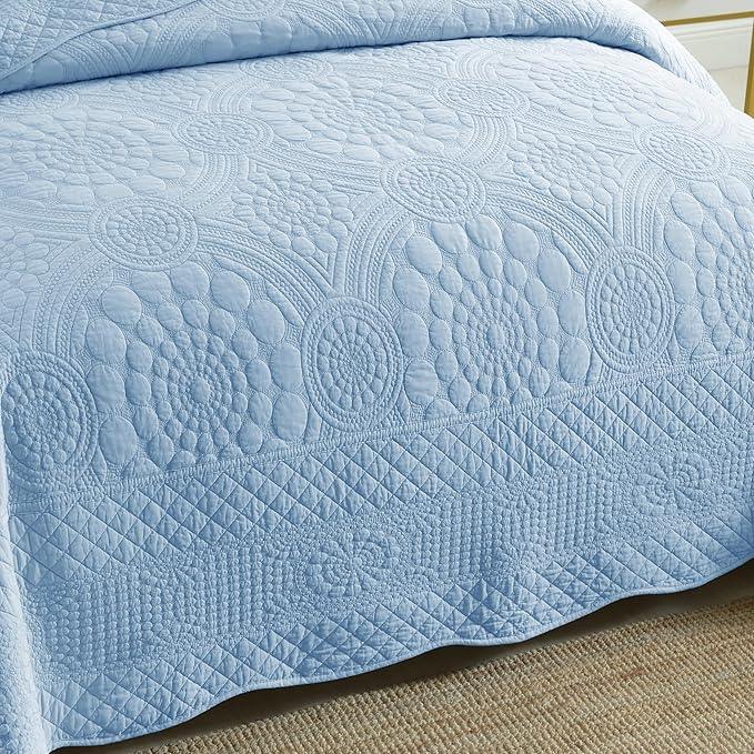 MarCielo 3-Piece 100% Cotton Oversized Bedspread Lightweight Quilt Coverlet Embroidery Farmhouse Bedding Set (Tf Light Blue, Oversized King (118