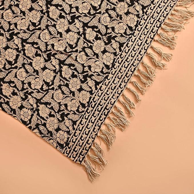 Handmade Cotton Throw Blanket, Floral Block Print, Black and Beige Wrap, 47x71 inches Decorative Woven Throw with Tassels