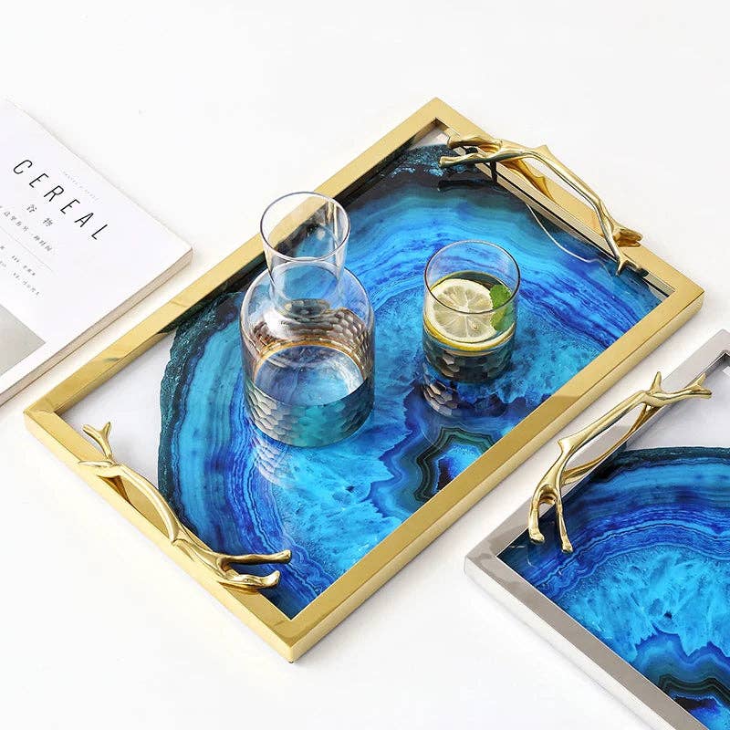 Blue Agate Tray – Unique Natural Stone Rectangle & Round Serving Trays