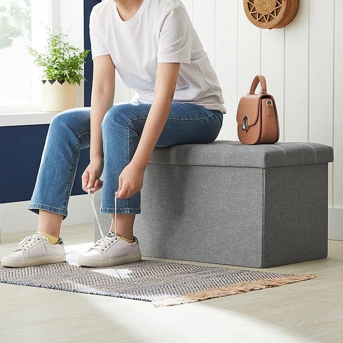 SONGMICS MAZIE Collection - 30 Inches Ottoman Storage Bench, 21 Gal. Folding Chest with Breathable Linen-Look Fabric, Load up to 660 lb, for Entryway, Living Room, Bedroom, Light Gray ULSF001G02