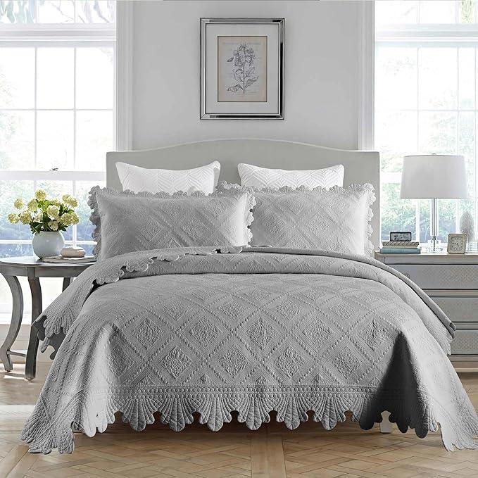 MarCielo 3-Piece 100% Cotton Oversized Bedspread Lightweight Quilt Coverlet Embroidery Farmhouse Bedding Set (Tk Light Grey, Oversized Queen (100