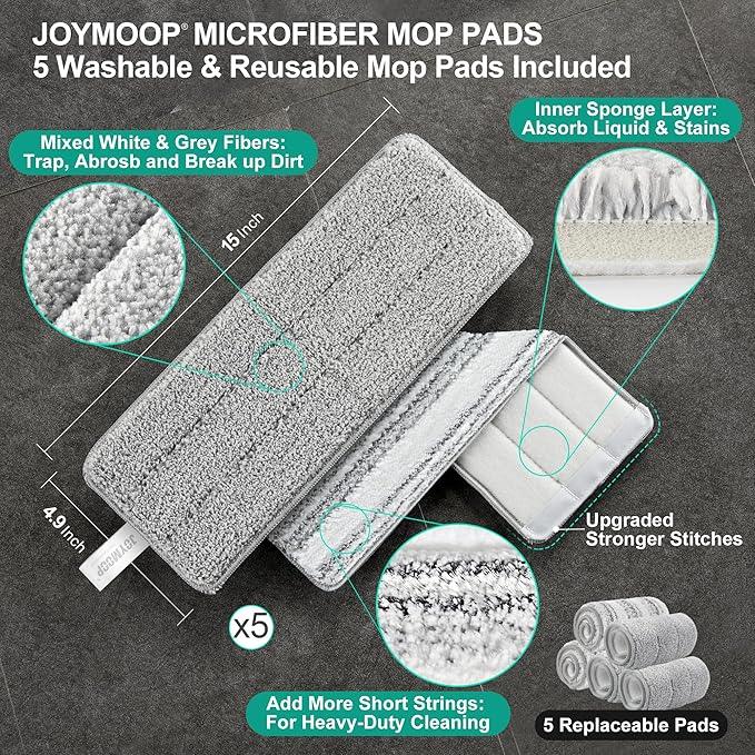 JOYMOOP Mop and Bucket with Wringer Set, Flat Squeeze Mop with Bucket (X-Large), Dust Mop for Wall Cleaner with Long Handle, Microfiber Mop - White Bucket with 5 Reusable 15