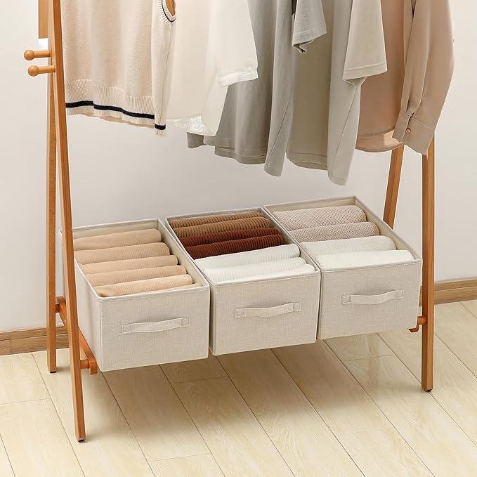 Linen Folding Storage Bins, 3 Pack Large Storage Baskets, Washable, Clothing Storage Bins with Handle, Closet Organizer for Storage Sweater,Sheets(Beige, 18½
