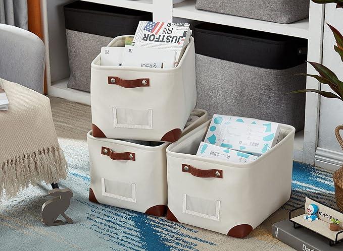 DECOMOMO White Storage Bins Fabric Storage Baskets for Shelves & Linen Closet Organization (Creamy White W/Label holder, Large - 3 Pack)