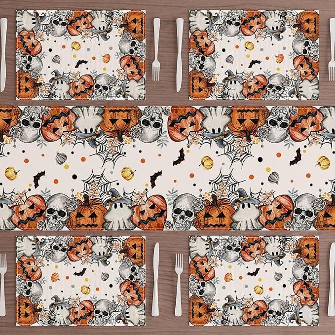 XCHI Spooky Skeleton Ghost Pumpkin Halloween Placemats Set of 4 Table Mats for Party Home Kitchen Dining Table Decorations 12x18 Inch
