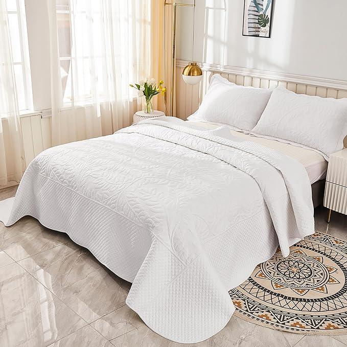 MarCielo 3-Piece 100% Cotton Oversized Bedspread Lightweight Quilt Coverlet Embroidery Farmhouse Bedding Set T0 (Bright White, Oversized King (118
