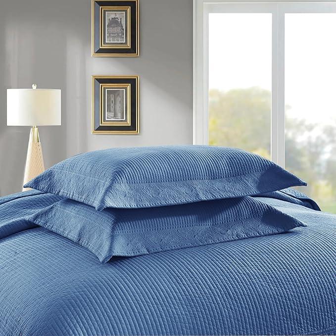 MarCielo 3-Piece 100% Cotton Oversized Bedspread Lightweight Quilt Coverlet Embroidery Farmhouse Bedding Set (TG Midtone Blue, Oversized Queen (100