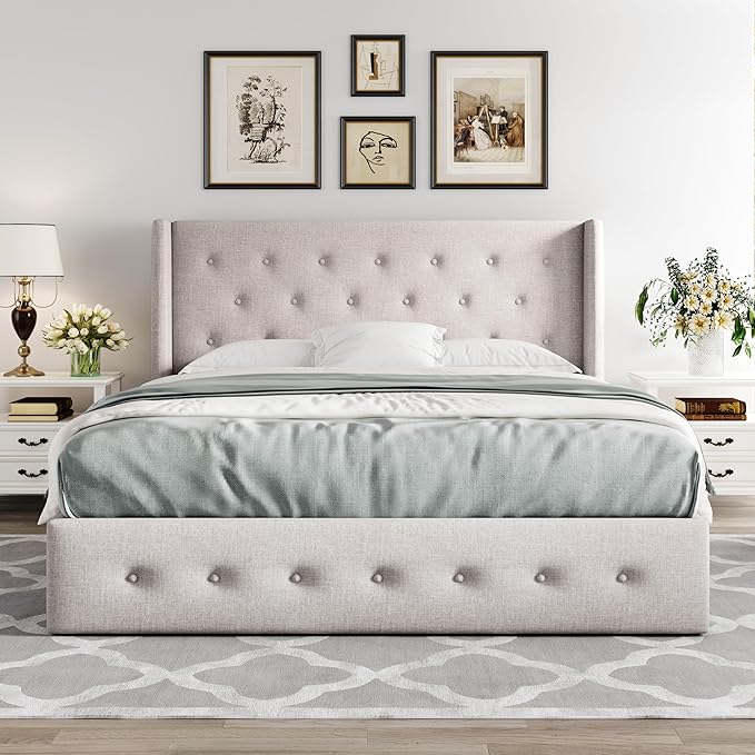 Allewie Full Size Lift Up Storage Bed, Button Tufted Headboard with Wingback, Hydraulic Support, No Box Spring Needed, Light Beige