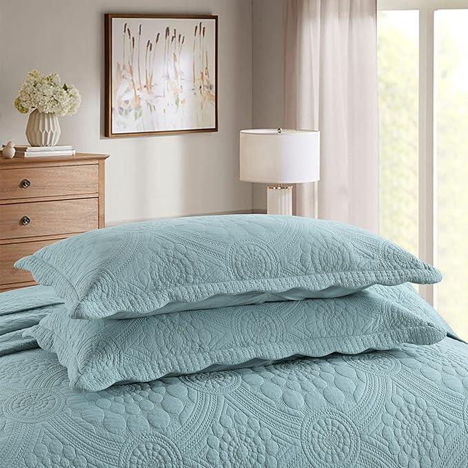 MarCielo 3-Piece 100% Cotton Oversized Bedspread Lightweight Quilt Coverlet Embroidery Farmhouse Bedding (Tf Aruba Blue, Oversized King (118