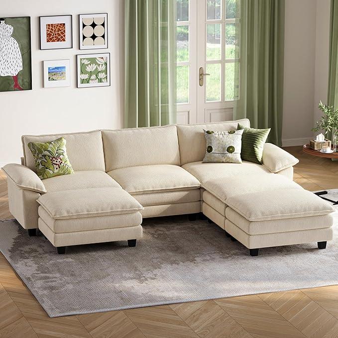 LINSY HOME Modular Sectional Sofa - 123'' Oversized Sleeper Sofa Cloud Couch Corduroy Sofa Bed with Movable Ottoman Soft Modern Comfy Couch for Living Room Apartment Office, Beige