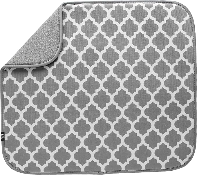 S&T INC. Dish Drying Mat, 16” x 18”, Absorbent Microfiber Kitchen Counter Mat, Dish Drying Pad for Dishes, Utensils, Pots and Pans, Large, White Trellis