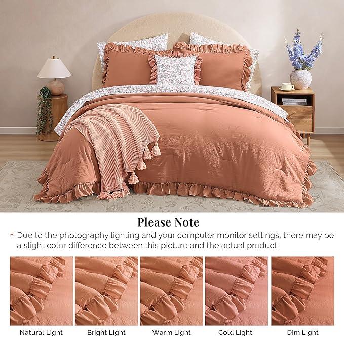 Queen Comforter Set - 7 Pieces Ruffle Autumn Leaf Bedding Sets, Shabby Chic Farmhouse Bed in a Bag Queen with Ruffle Comforter, Floral Sheets, Pillowcases & Shams