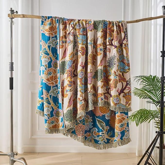 Boho Throw Blanket for Bed, Sofa,Cozy Lightweight Fall Blanket,100% Cotton Southwestern Farmhouse Floral Decor, Reversible Rustic Blanket, Chair, Picnic Throw Blanket,50