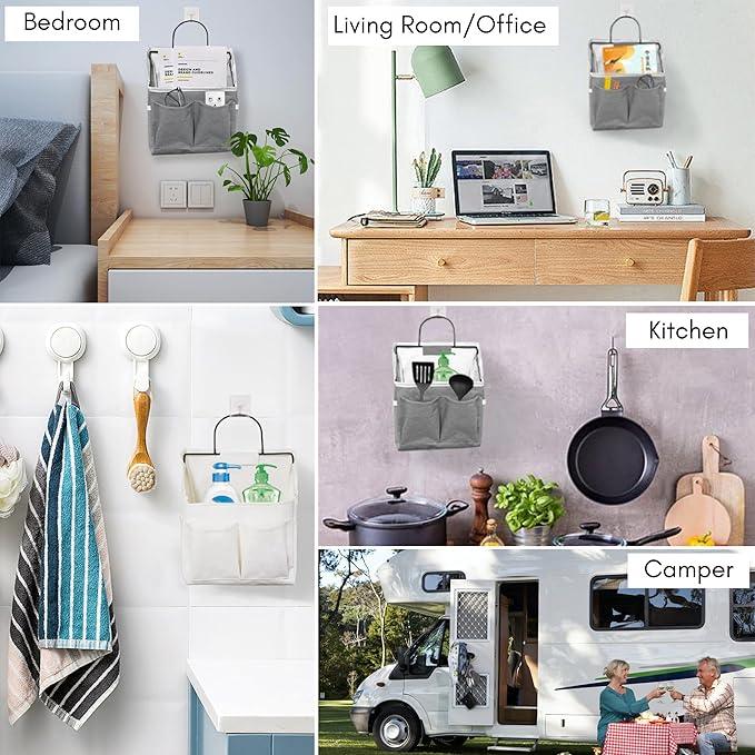 2pcs Small Wall Hanging Organizer Bag, Linen Fabric Door Hanging Storage Basket with Pockets, Waterproof Bin for Kitchen, Bedroom, Office, RV Camper (Triangle)