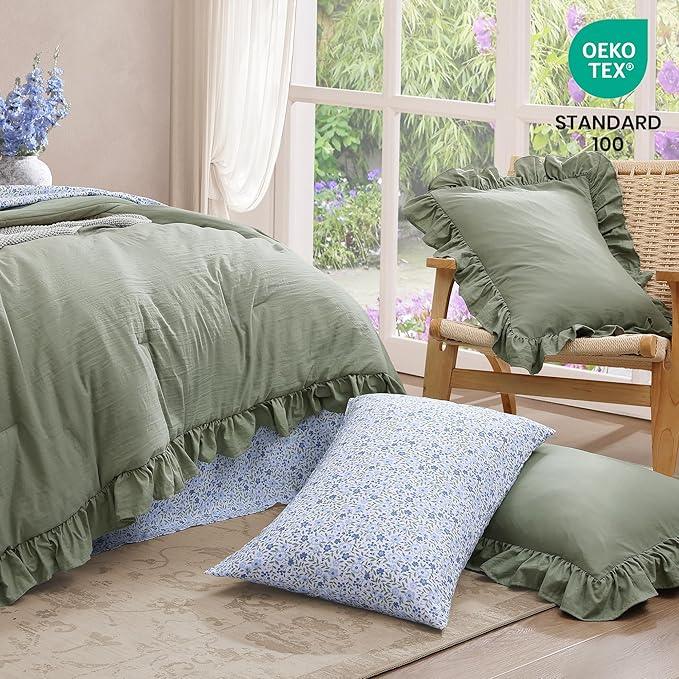 Full Comforter Set - 7 Pieces Ruffle Sage Green Bedding Sets, Shabby Chic Farmhouse Bed in a Bag Full with Ruffle Comforter, Floral Sheets, Pillowcases & Shams