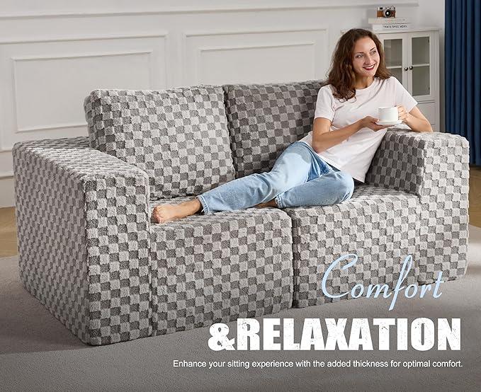 Modular Sectional Sofa 2 Seater Loveseat Modular Couch with Deep Seat Memory Foam Cloud Chair with Pillows Oversized Sectional Sofa for Living Room Bedroom (Plush Grey, Loveseat)