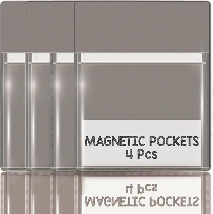 Magnetic Pocket 4 Pack – Self-Adhesive Magnetic Storage Pouch for Documents, Notes & Tools, Strong Magnet Backing for Fridge, Whiteboards, and Metal Surfaces (Gray 4Pcs)
