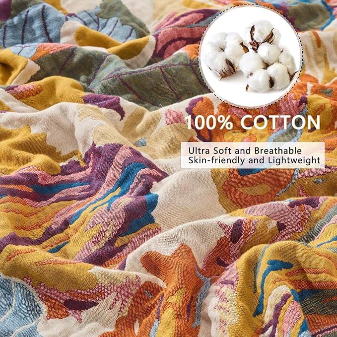 100% Muslin Throw Blanket for Couch, Butterfly and Floral Double Embroidery Summer Throw Blanket 60