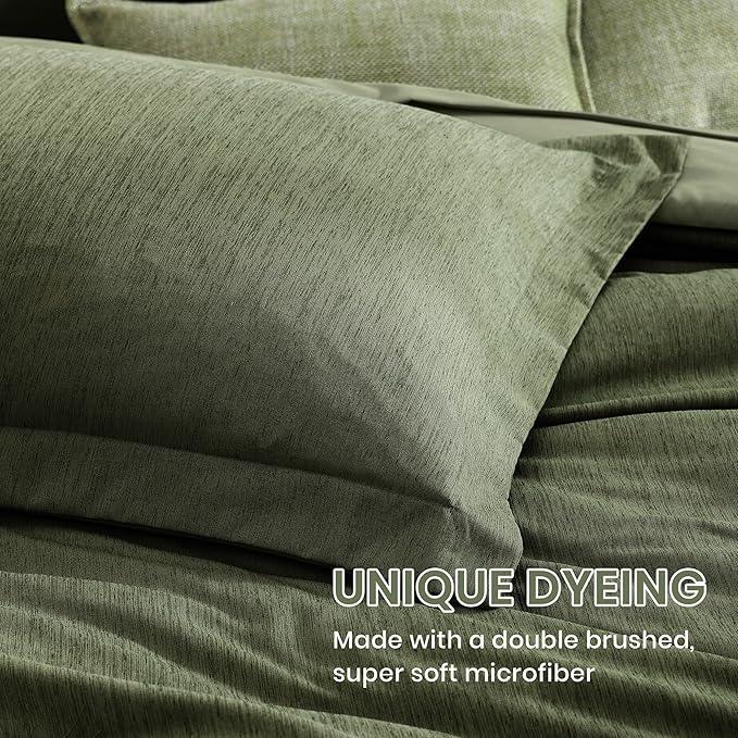 Monbix King Size Comforter Set, Olive Green King Bed Set Reversible, King Size Comforter Set 7 Pieces, Cationic Dyeing Bed in a Bag with Comforter, Sheets, Pillowcases & Shams