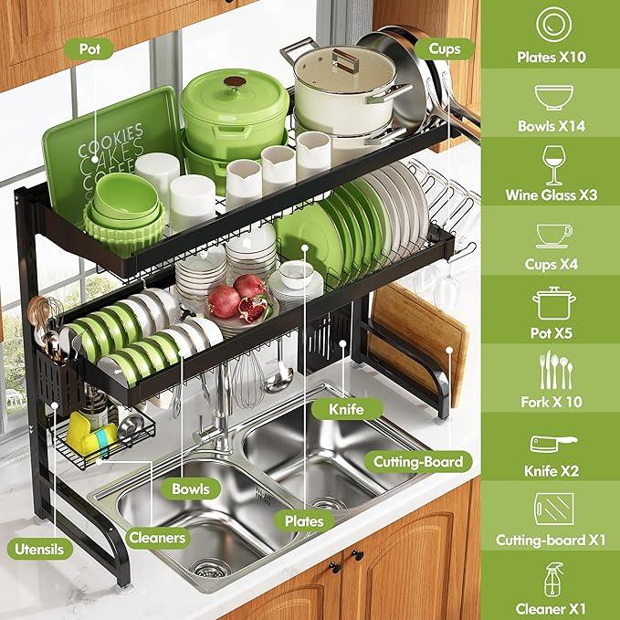 3 Tier Extra Large Stainless Steel Expandable Over The Sink Dish Drainer Drying Rack, Rust Proof Metal, Space Saving, Modern Black Big Capacity Extendable Plate Strainers Above Kitchen Counter