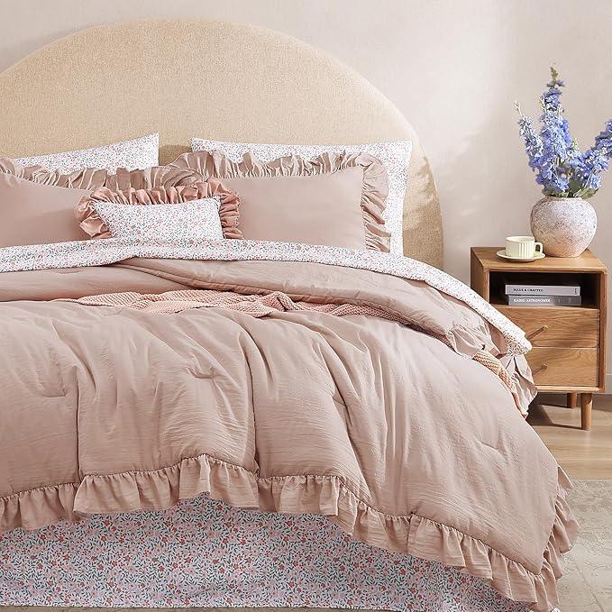 Queen Comforter Set - 7 Pieces Ruffle Pink Bedding Sets, Shabby Chic Farmhouse Bed in a Bag Queen with Ruffle Comforter, Floral Sheets, Pillowcases & Shams