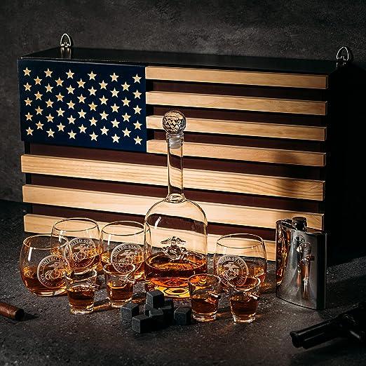 Marine Big Box Wall Decor Murphy with Decanter, 4 whiskey glasses, 4 shot glasses, marine flask, marine gifts
