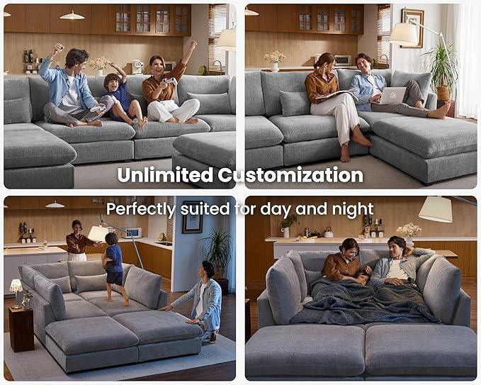 Oversized Modular Sofa, Extra Deep Cloud Chenille Sectional Couch with Ottoman Chaise, Fluffy Chenille Corner V Shape Sofa for Living Room, Villa (Corner V Shape+Ottoman, Chenille Grey)