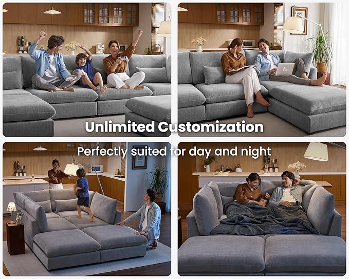 Oversized Modular Sofa, Extra Deep Cloud Chenille Sectional Couch with Ottoman Chaise, Fluffy Chenille 4 Seater Sofa for Living Room, Villa (Basic 4 Seater, Chenille Grey)