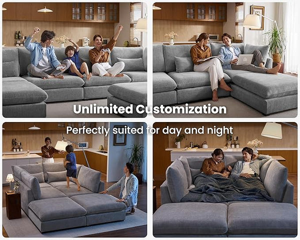 Oversized Modular Sofa, Extra Deep Cloud Chenille Sectional Couch with Ottoman Chaise, Fluffy Chenille 4 Seater Sofa for Living Room, Villa (Basic 4 Seater, Chenille Grey)