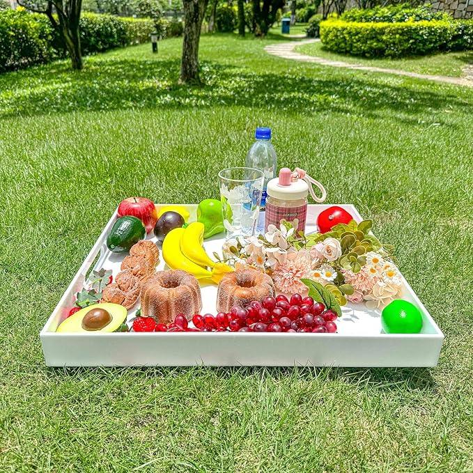 White Rectangular 18x20 Inches Acrylic Ottoman Tray Decorative Serving Tray with Cutout Handles Organizer Tray on Coffee Table Countertop Big Breakfast Bed Tray Living Room Appetizer Serving Food