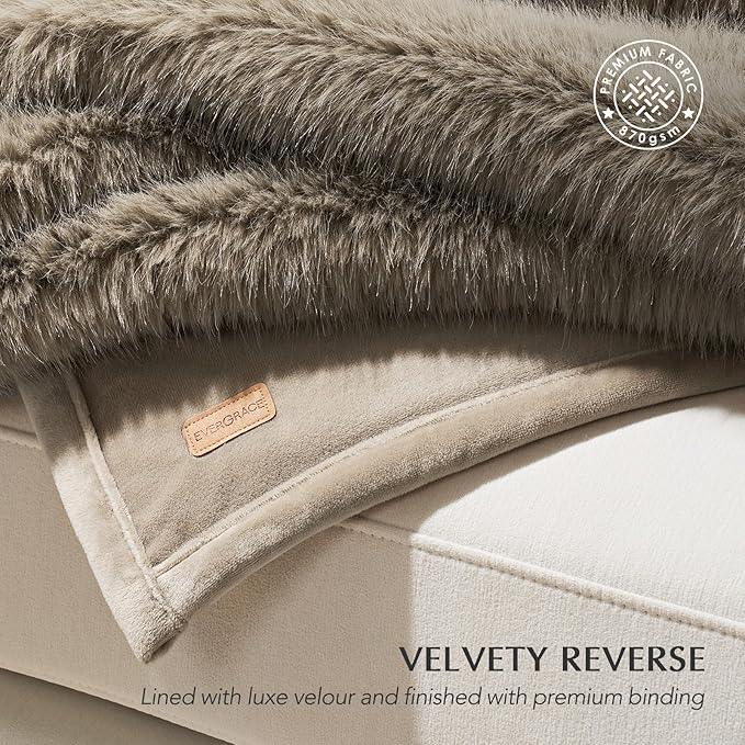 Luxury Faux Fur Throw Blanket, Soft Fluffy Faux Mink Blankets for Bed, Couch, Sofa, Thick Cozy Plush Warm Fur Throws with Reversible Velvet, Natural Mink, 50