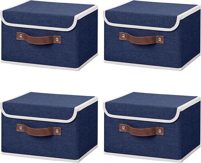 ANMINY 4PCS Storage Bins with Lid PU Leather Handles Storage Boxes PP Plastic Board Decorative Foldable Lidded Cotton Linen Fabric Home Cubes Baskets Closet Organizer Containers - Blue, Small Size
