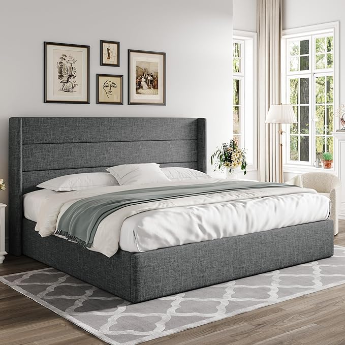 Allewie King Size Lift Up Storage Bed, Modern Wingback Headboard, Hydraulic Support, No Box Spring Needed, Dark Grey