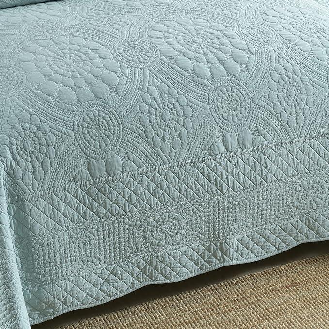 MarCielo 3-Piece 100% Cotton Oversized Bedspread Lightweight Quilt Coverlet Embroidery Farmhouse Bedding (Tf Aruba Blue, Oversized King (118