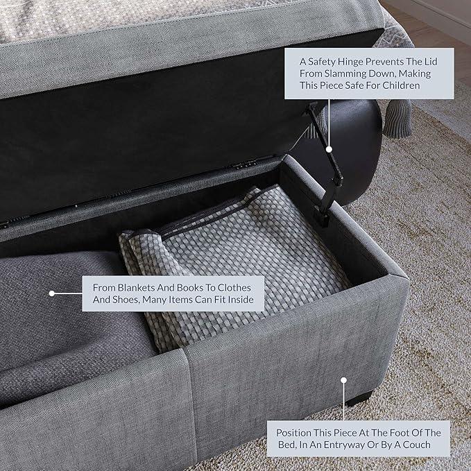 BELLEZE Storage Ottoman, 47 Inch Bench Bedroom Bench with Safety Close Hinge, Extra Long Ottoman with Storage for Living Room, Entryway, Hallway, Foot Rest, Support 300lbs - Gray