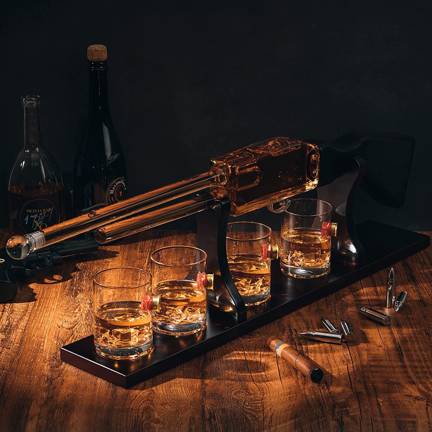 Shotgun Rifle Wine & Whiskey Decanter Set 20oz with Bullet Glasses by The Wine Savant - Firearm Shooting Gun Gifts for Men Veterans, Military, Home Bar, Law Enforcement 30
