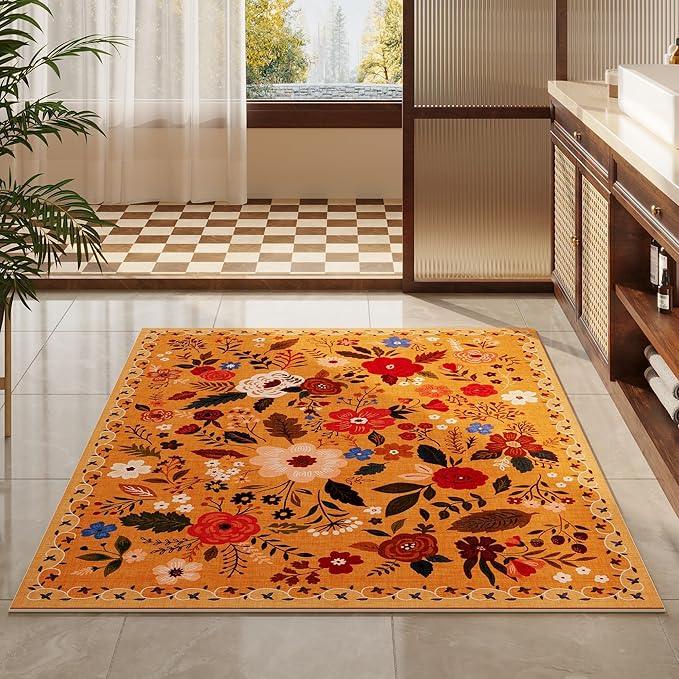 Bedroom Rug 3x5 Rug Washable Area Rug Non Slip Low Pile Boho Floral Small Carpet for Bedroom, Bedside, Kitchen, Entryway, Kids Room, Office, College Dorm Essentials for Girls(Yellow)