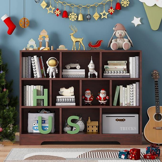 Book Shelf, 10 Cubes Storage Organizer, 3-Tier Open Shelf Wooden Bookcase, Freestanding Cherry Bookshelf Cube Shelf for Bedroom, Living Room, Home Office