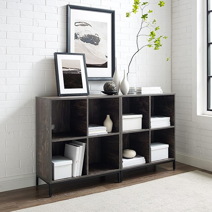 Crosley Furniture Jacobsen 2-Piece Vinyl Record Storage Cube Bookcase Set and Record Player Stand, Brown Ash
